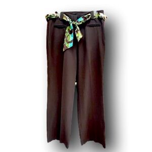 Larry Levine Chocolate Stretch Trousers with satin multicolored belt rayon 10